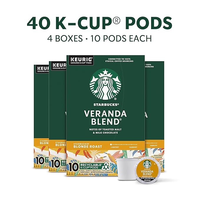 Starbucks K-Cup Coffee Pods Starbucks Blonde Roast Hot or Iced Coffee Veranda Blend 40 Keurig Pods