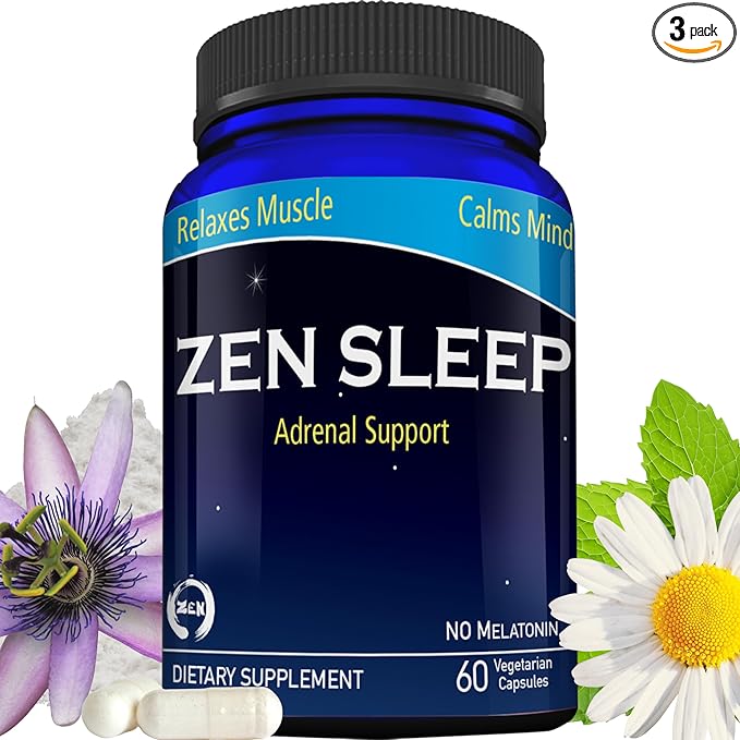 Zen Sleep | Non-Addictive Sleep Aid w/Adrenal Support. Contains Magnesium and Organic Herbs Chamomile Lemon Balm Passion Flower No melatonin