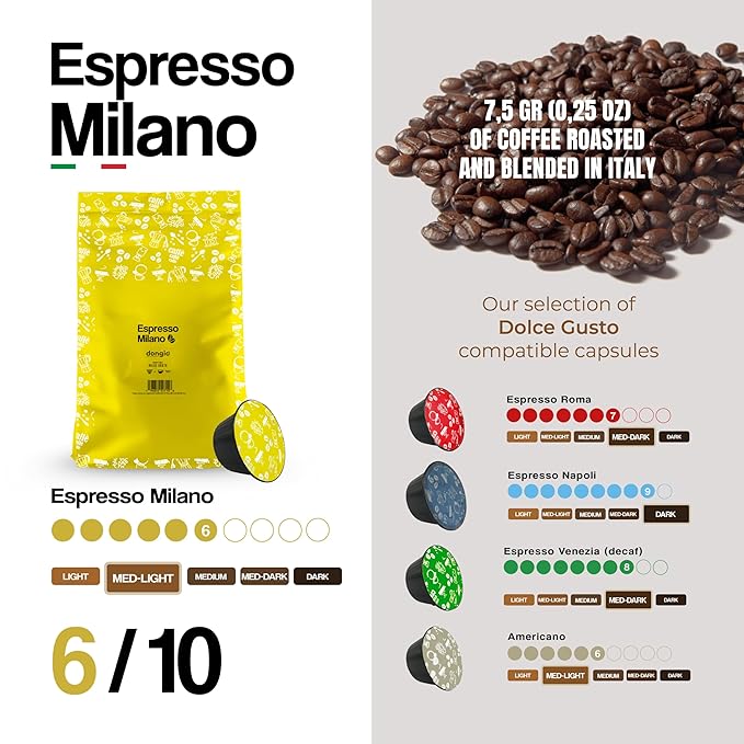 Dongiò Caffè Espresso Milano Capsules Compatible with Nescafe Dolce Gusto system 100 Count of Single-Serve Coffee pods (5 Boxes of 20 capsules each) Med-Light Roast | Intensity 6/10