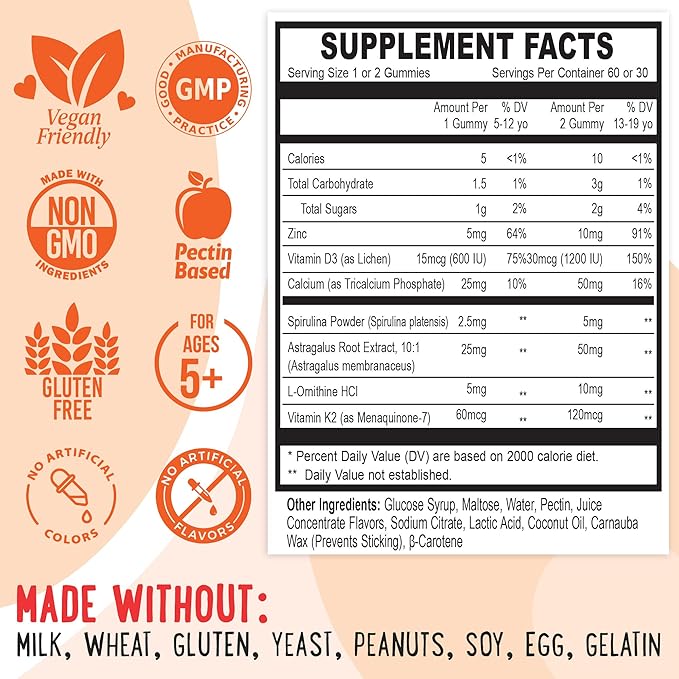 Height Growth Vitamin Gummies for Kids &amp Teens - Growing Up and Bones Support for Supplement with Calcium Zinc Vitamin D3 K2 Spirulina and Astragalus – Peach &amp Mango 60 CT