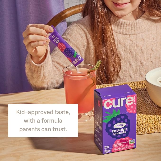 Cure Hydration - Kids Electrolyte Drink Mix | Plant-Based Pediatrician Formulated Rehydration | No Added Sugar FSA-HSA Non-GMO Gluten-Free No Artificial Flavors | Box of 6 Packets - Mixed Berry