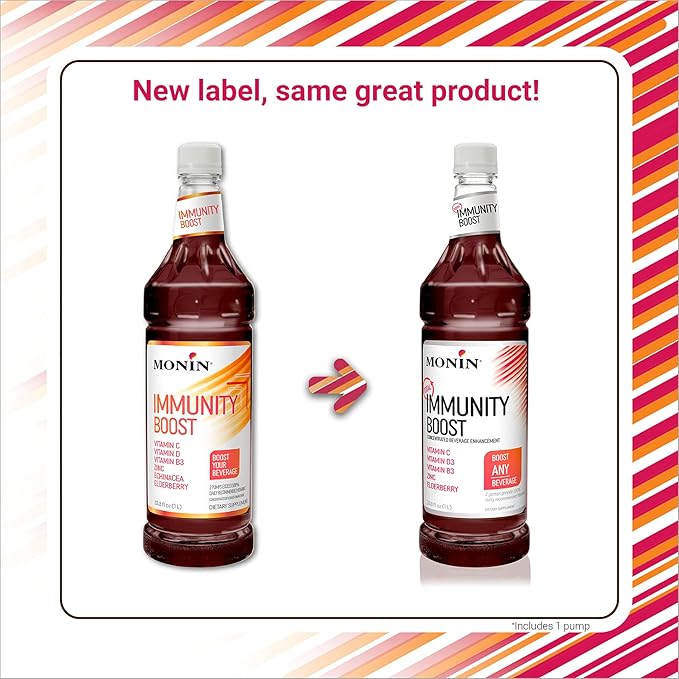 Monin - Total Immunity Boost Liquid Blend of Vitamins Minerals &amp Antioxidants Immune Boosting Vitamin C &amp D + Elderberry For All Beverages Low Calorie (1 Liter + Pump)