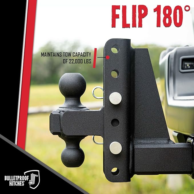 BulletProof Hitches - 3.0 Adjustable Heavy Duty Trailer Hitch (22000 lb. Rating) - 18 Drop/Rise Trailer Hitch with 2 &amp 2-5/16 Dual Ball - Powder Coat Solid Steel Corrosion-Resistant