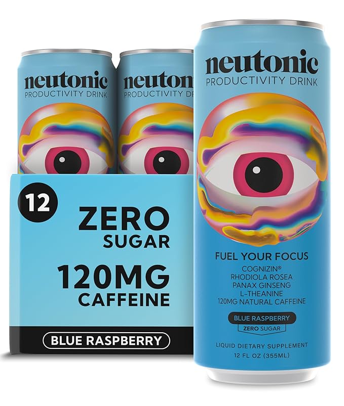 Neutonic Nootropic Productivity Energy Drink | Blue Raspberry 12 Cans | 120mg Natural Caffeine Zero Sugar | Support Memory Mental Clarity Cognitive Function | Boost Focus Energy Brain Health