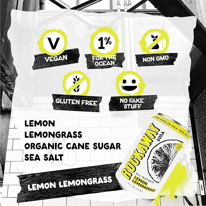 ROCKAWAY Lemon Lemongrass Soda Drinks - Low calorie drinks made from Real Fruit Juice All Natural - Soda Pop Drinks Gluten Free Vegan GMO Free - 12oz (12 Pack)