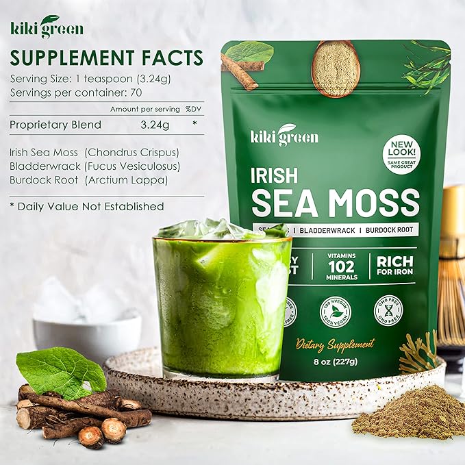 KIKI Green Irish Sea Moss Powder 8 Oz - with Bladderwrack Burdock Root Extract for Immune Support - Keto Vegan Supplement