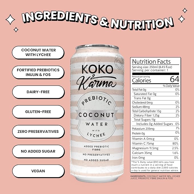 Koko &amp Karma – Prebiotic Coconut Water with Lychee – All Natural with No Added Sugars Pure Coconut Water &amp Lychee Juice – 12 Pack - 16.9 Ounce Cans