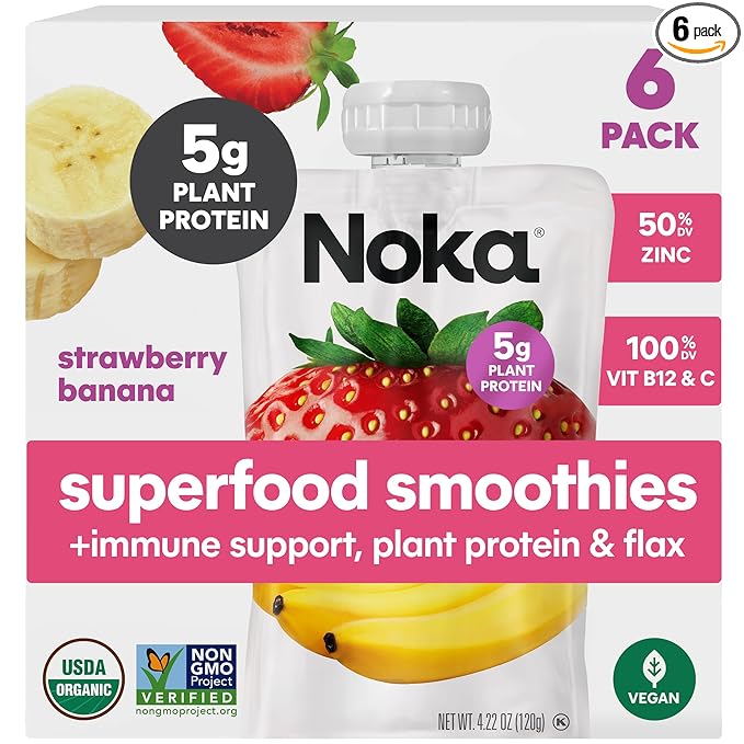 Noka Organic Superfood Fruit Smoothie Pouches Strawberry Banana with Immune Support Healthy Snacks with Elderberry Vitamin C Flax Seed and Plant Protein Gluten Free Vegan 4.22 oz (6 Pack)