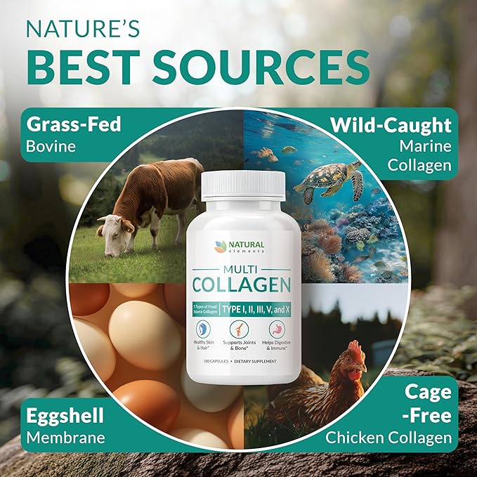 Multi Collagen 180 Protein Capsules - Type I II III V X Collagen Pills - Proprietary Blend of Eggshell Chicken Wild Fish &amp Grass-Fed Beef Collagen Peptides - 2025mg per serv