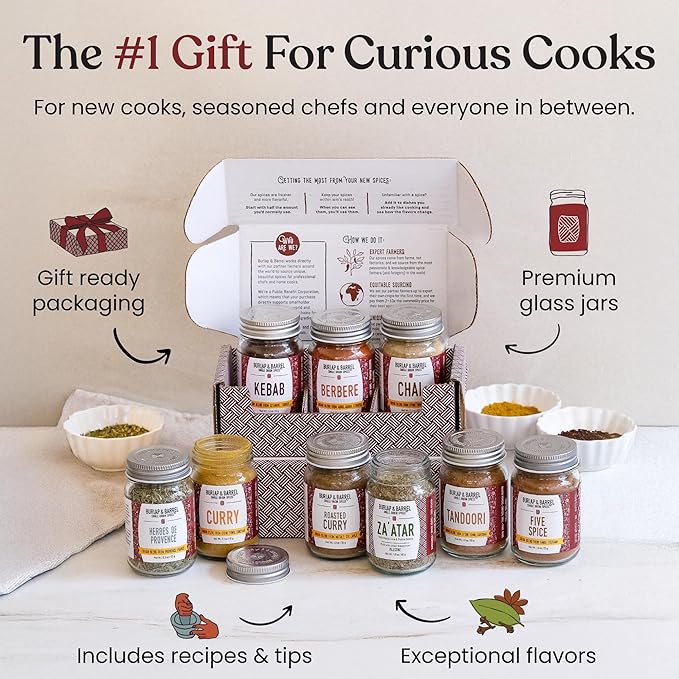 Burlap &amp Barrel 6-Pack Spice Gift Set – 6 Full-Size Jars of Favorite Spices for the Curious Cook – Includes Cinnamon Garlic &amp More Seasonings - As Seen On Shark Tank