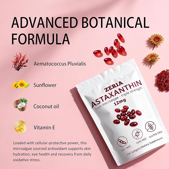 ZERIA Astaxanthin 12mg 150 Softgels - Natural Microalgae Antioxidant for Eye Skin &amp Immune Support 4-Month Supply