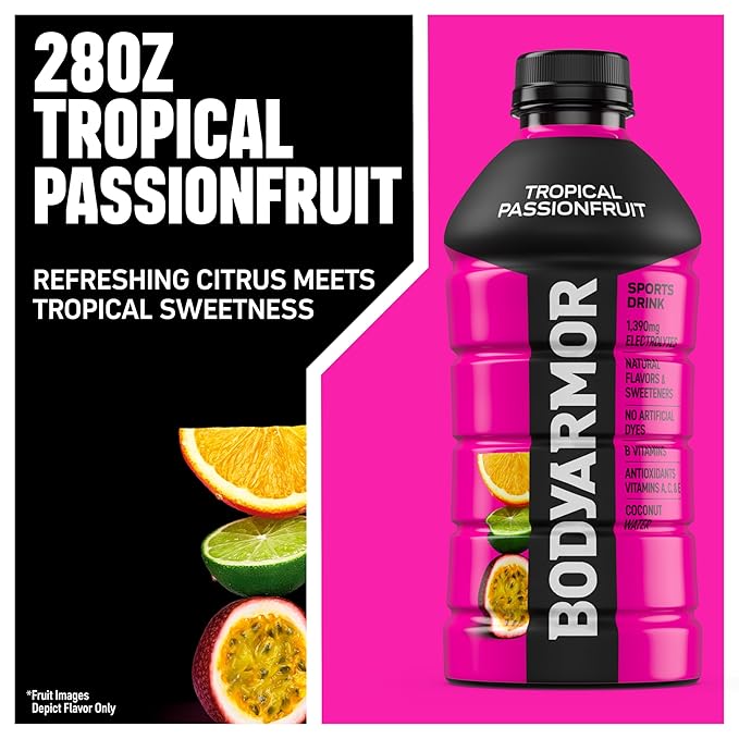 BODYARMOR Sports Drink Tropical Passionfruit Electrolyte Drink Hydration 28 Fl Oz Bottles (15 Pack) Flavored Coconut Water with B Vitamins &amp Antioxidants