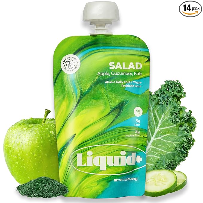 Liquid Salad High Fiber Veggie Pouches by Liquid Plus Convenient Greens Smoothie with Prebiotic Fiber Superfoods Veggies and Fruits Healthy Vegan and Gluten Free Snacks with 15 Vitamins &amp Mine