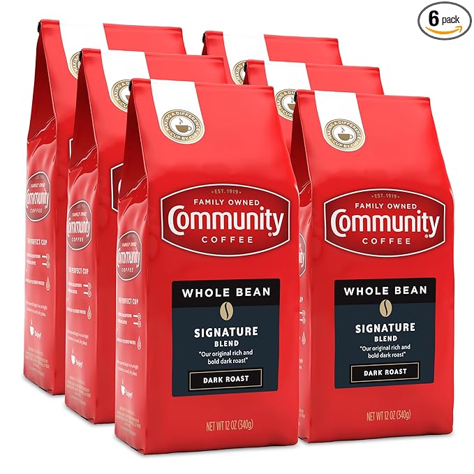 Community Coffee Signature Blend Whole Bean Coffee Dark Roast 12 oz Bag (Pack of 6)