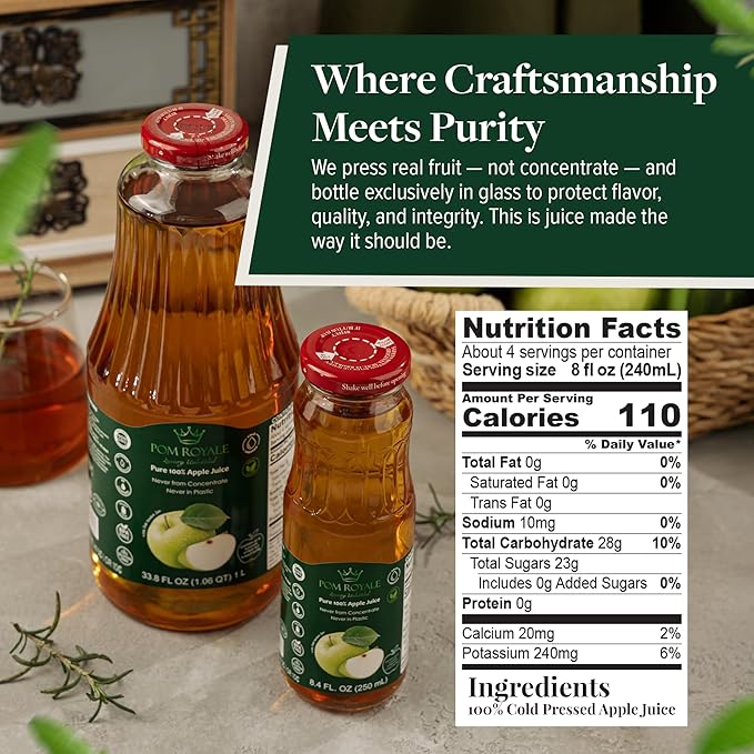 Pure Apple Juice 33.8oz Glass Bottle (Pack of 4) Cold Pressed Juice Not from Concentrate Non-GMO No Sugar Added Gluten Free Kosher Certified Preservative Free