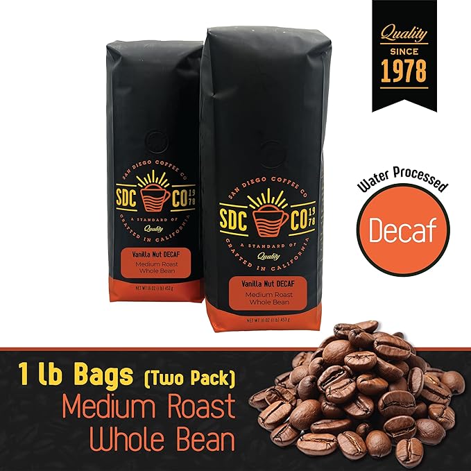 San Diego Coffee DECAF Vanilla Nut Medium Roast Whole Bean Coffee 16-Ounce Bags (Pack of 2) Café en grano tostado descafeinado