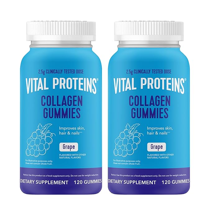 Vital Proteins Collagen Gummies 2.5g of Clinically-Tested Collagen for Hair Skin Nails &amp Wrinkles 120 ct Bottle Pack of 2 Grape Flavor