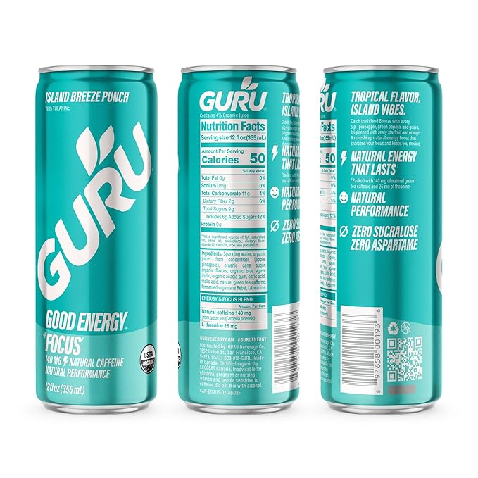 GURU PUNCH Organic Energy Drinks Variety Pack Clean Energy Drink with Plant Based Natural Caffeine from Green Tea + Focus w/L-Theanine Gluten Free 140mg Caffeine Healthy Drinks 12oz (Pack of 12)