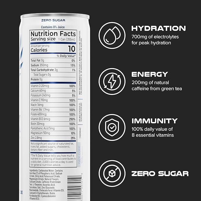 PHX Hydration Energy Drink - 700mg Electrolytes 200mg Natural Green Tea Caffeine 100% Daily Value 8 Essential Vitamins - 12 oz Cans (12 Pack) (12 Pack Blueberry Lemonade)