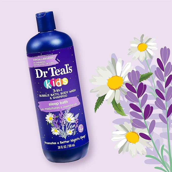 Dr Teal's Sleep Spray with Melatonin &amp Essential Oil Blend 6 fl oz (Pack of 3) &amp Kids 3-in-1 Sleep Bath: Bubble Bath Body Wash &amp Shampoo with Melatonin &amp Essential Oil 20 fl oz (Pac