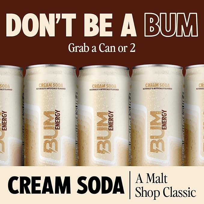 BUM Sugar-Free Energy Drink Cream Soda - Lightly Carbonated &amp No Artificial Colors Natural Caffeine &amp Citicoline for Energy &amp Focus Brain Boost &amp Workout Sports Beverage - 12 oz Pa