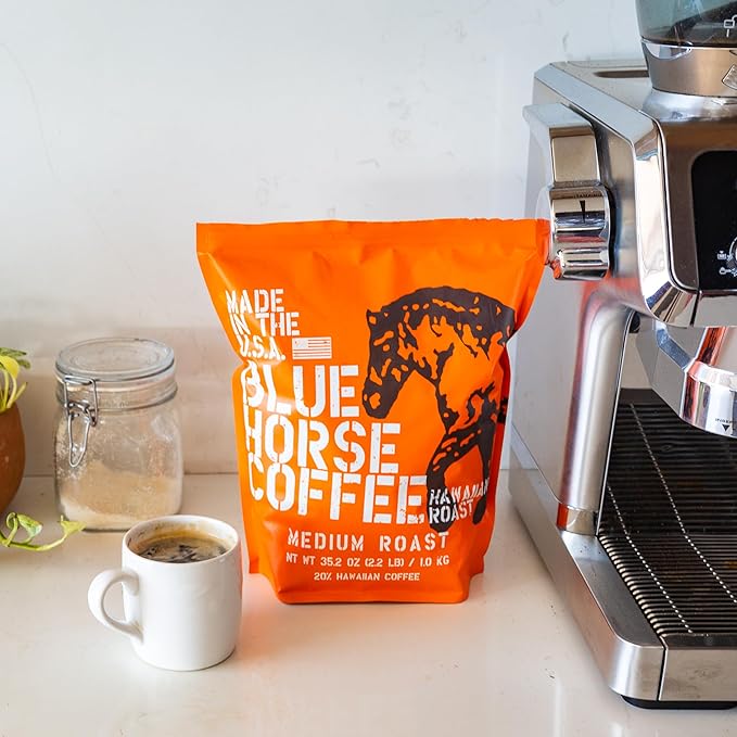 Blue Horse 'Gentle Giant' Hawaiian Roast Arabica Whole Beans Blend (20% Kona) Medium Roast 2.2 Lbs (35 oz) Farm-Fresh Arabica Coffee Smooth &amp Bold Flavor with Rich Aroma