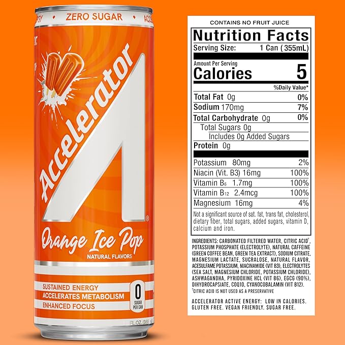 Accelerator Energy Drink Orange Ice Pop 12oz can (12 pack) Zero Sugar Sustained Energy from 100% Natural Caffeine (200mg from Green Coffee Bean &amp Green Tea extract)