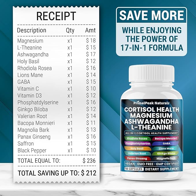 Cortisol Supplements for Women and Men with Magnesium Ashwagandha Rhodiola Rosea L-Theanine &amp Ceylon Cinnamon Apple Cider Vinegar Turmeric Curcumin Panax Ginseng Berberine Vegan Capsules