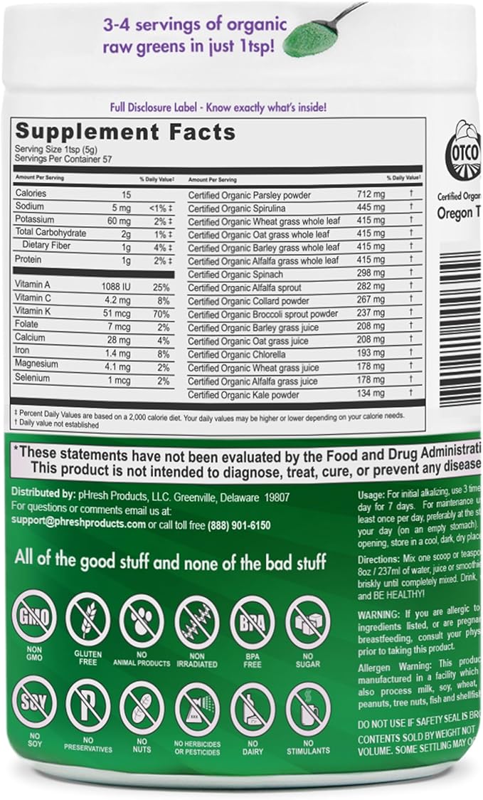 pHresh - Greens Raw Alkalizing Superfood Greens Powder - 2 Month Supply - Vegan Kosher Gluten Free - Natural Enzymes Nutrients - Approved for Intermittent Fasting - 10 oz