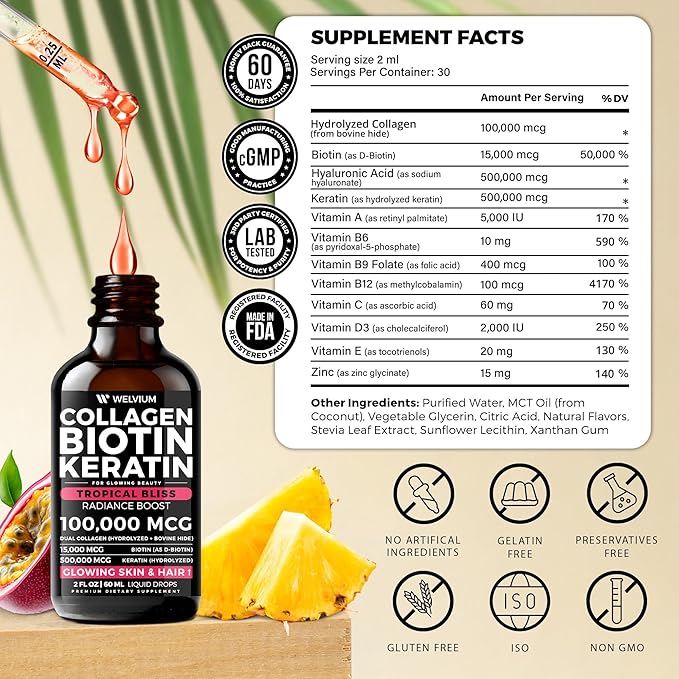 Liquid Biotin Collagen + Vitamin D3 K2 A Drops - Beauty &amp Immune Support (Liquid Duo)