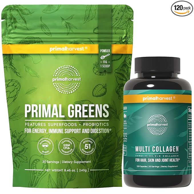 Primal Harvest Super Greens &amp Multi Collagen Capsules Supplements for Women and Men - Superfood Greens Powder and Multi Collagen Peptides Capsules for Hair Skin and Nails Bundle