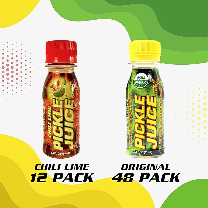 Pickle Juice Sports Drink Multi Pack - Extra Strength Regular &amp Chili Lime Shots - Electrolyte Pickle Juice Shots for Day &amp Night Time Leg Cramp Relief - 2.5oz 60 Units