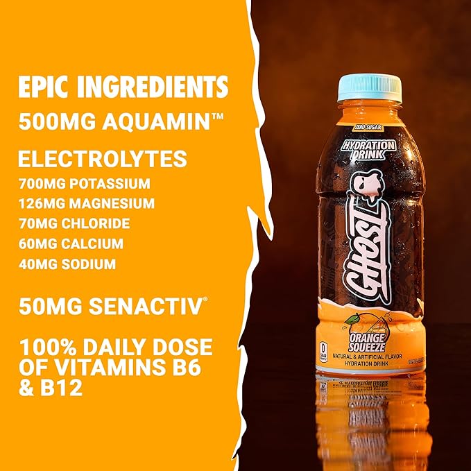 GHOST Hydration Drink Orange Squeeze - RTD Sports Drink with Electrolytes Natural Vitamins &amp Minerals - All Day Lifestyle Hydration Beverage - Zero Caffeine &amp Zero Sugars - 16.9 Fl Oz 12 Pa