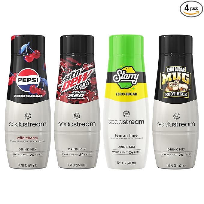SodaStream Pepsi Wild Cherry MTN Dew Code Red Starry &amp Mug Root Variety Pack Zero Sugar 440ml Pack of 4