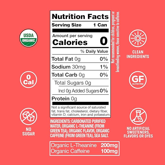 ARDOR ENERGY Sparkling Water with 100mg Natural Caffeine &amp 200mg L-Theanine from Organic Green Tea for Smooth Energy &amp Focus | Healthy Energy Drink | No Sugar Zero Calories Vegan Gluten-Fre