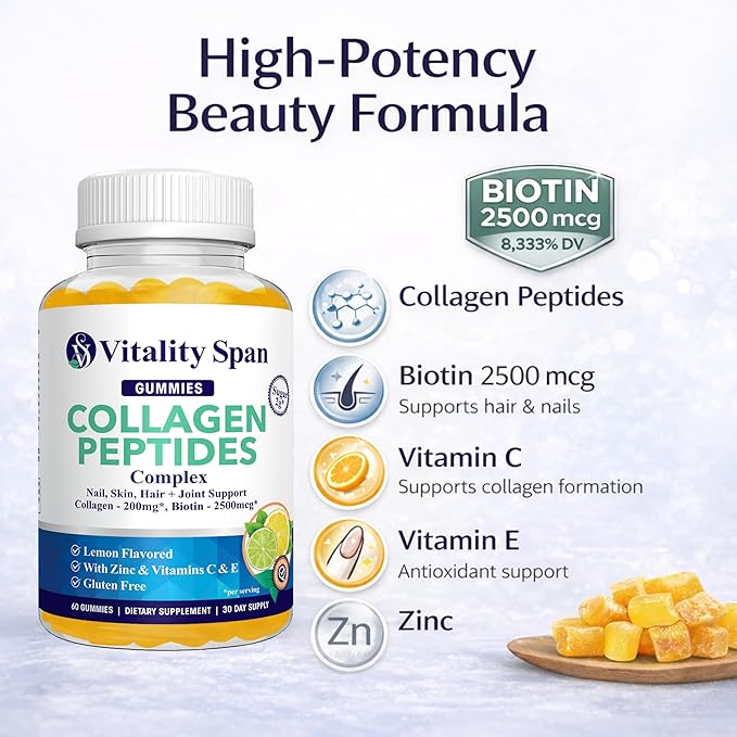 Collagen Gummies for Women with Biotin 2500mcg Vitamin C E &amp Zinc – Hair Skin and Nails Gummies – Low Sugar Lemon Flavor – Beauty Supplement – 60 Gummies