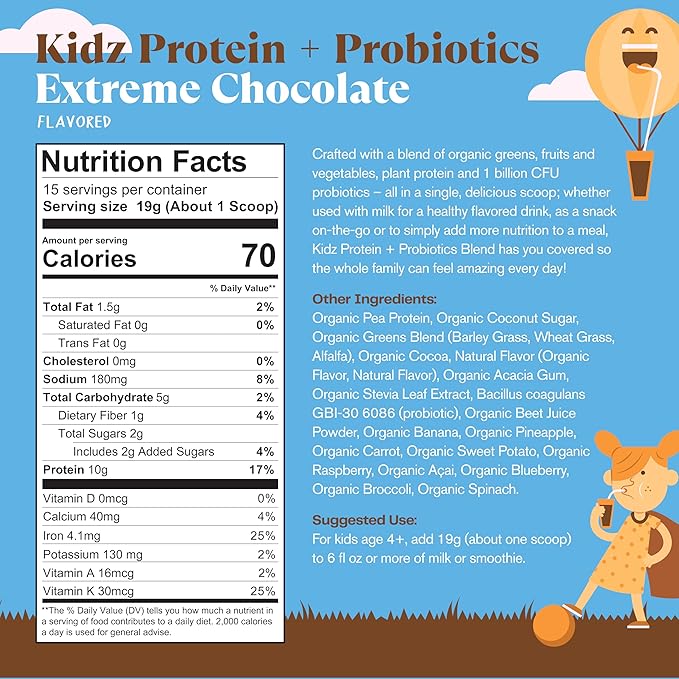 Amazing Grass Kidz Superfood: Vegan Protein &amp Probiotics for Kids with Beet Root Powder &amp 1/2 Cup of Leafy Greens Extreme Chocolate 15 Servings