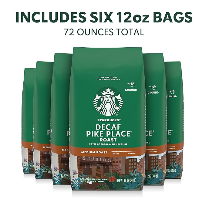 Starbucks Ground Coffee Medium Roast Hot or Iced Coffee Decaf Pike Place Roast Six 12 oz Bags