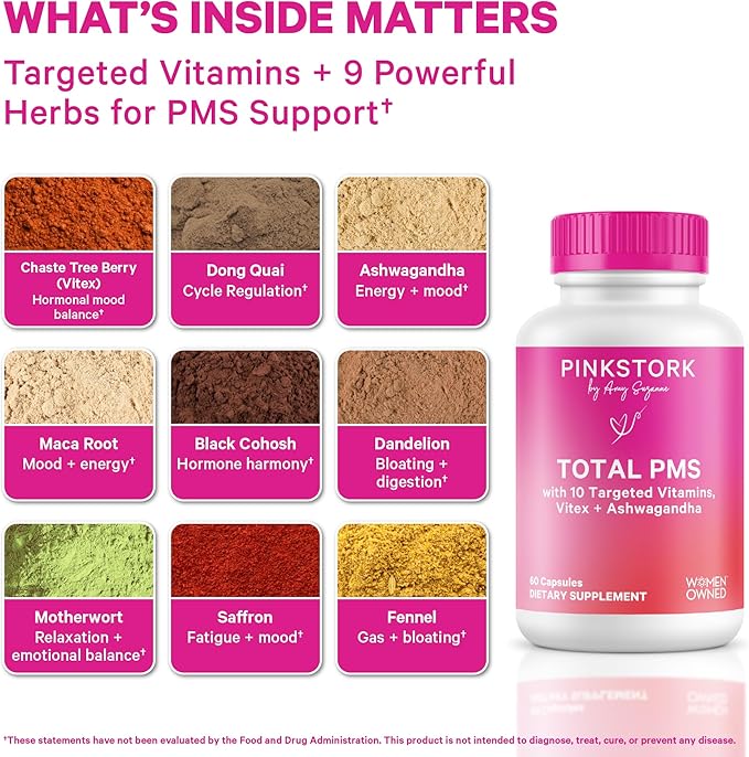 Pink Stork PMS Supplement for Women - Vitex Ashwagandha Maca Root &amp 10 Vitamins &amp Minerals to Support Hormone Balance Mood Bloating Period Regularity - 60 Capsules