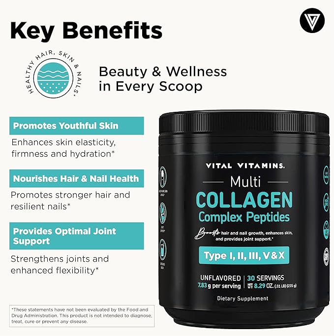 Vital Vitamins Multi-Collagen Powder 30 Servings + Hyaluronic Acid Hydration Complex 60 ct