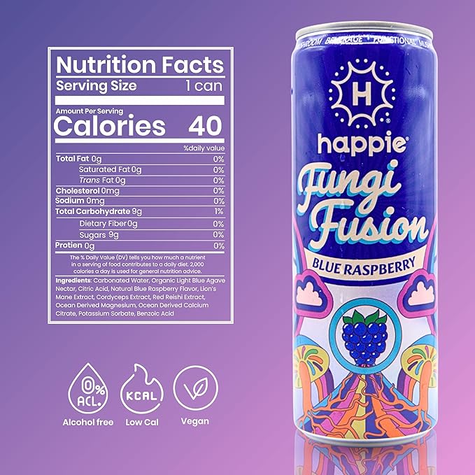 Happie Fungi Fusion Blue Raspberry – Sparkling Adaptogen Drink with Lion’s Mane Cordyceps &amp Red Reishi – Plant-Based Nootropic 40 Calorie Agave Nectar Vegan Wellness Soda Alternative (12 pack)