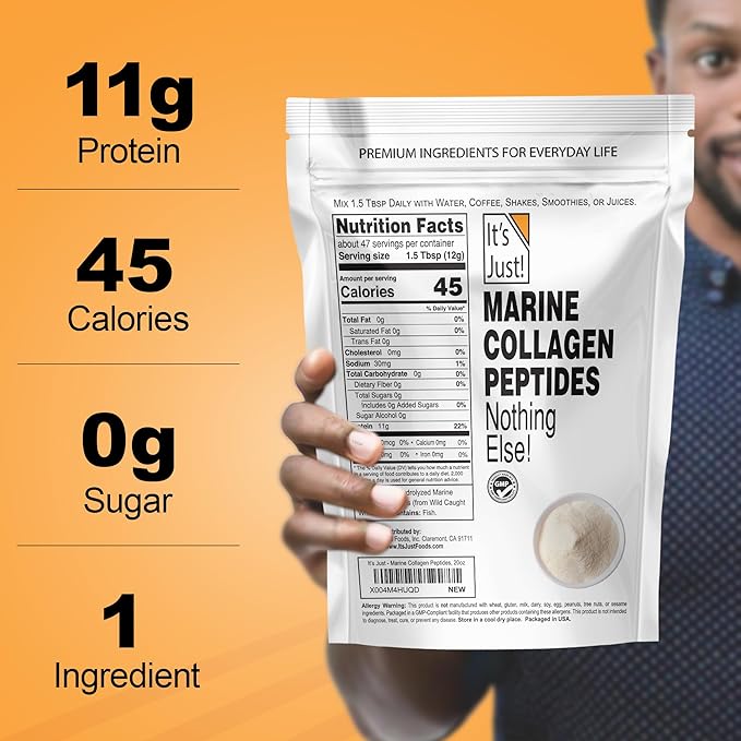 It's Just! Marine Collagen Peptides Powder - Unflavored Gluten Free Non-GMO Heavy Metal Tested - 20oz