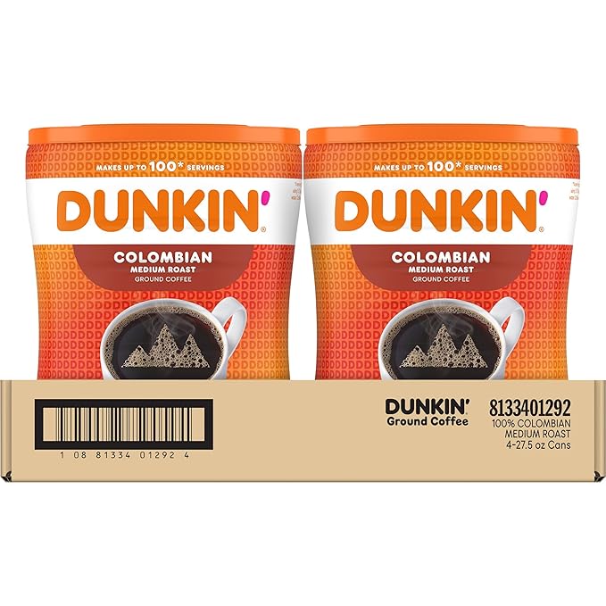 Dunkin' 100% Colombian Medium Roast Ground Coffee 27.5 Ounce (Pack of 4)