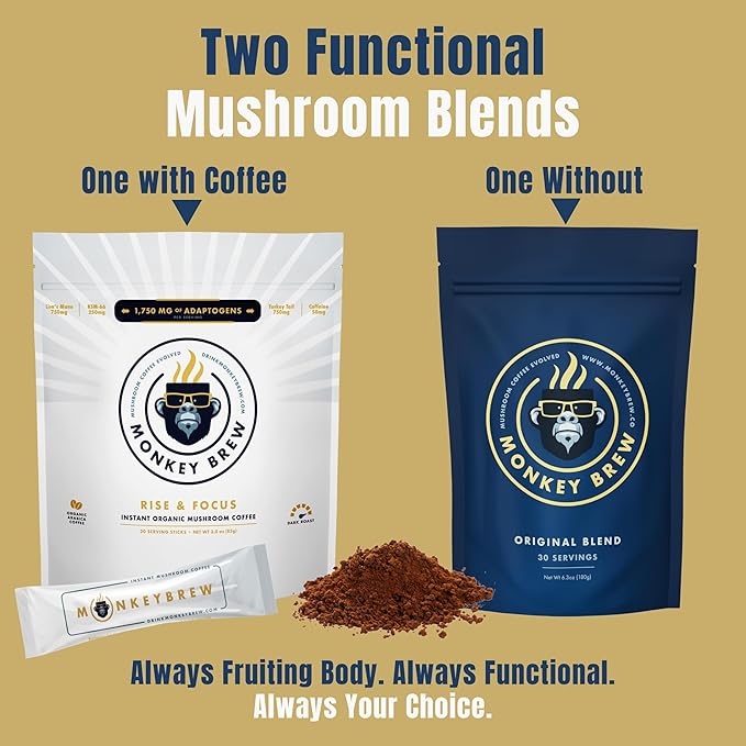Monkey Brew Rise &amp Focus USDA Organic Mushroom Coffee | Boosts Focus Energy Immunity &amp Mood | 1750mg Adaptogens: Lion’s Mane Turkey Tail KSM-66 Ashwagandha | Low Caffeine Fruiting Body