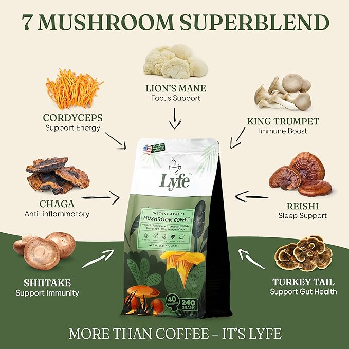 LYFE Organic Instant Mushroom Coffee 40 Servings – Lion’s Mane Chaga Cordyceps &amp Turkey Tail | USA Grown Adaptogenic Blend for Energy Focus &amp Wellness - Natural Superfood Coffee for Daily