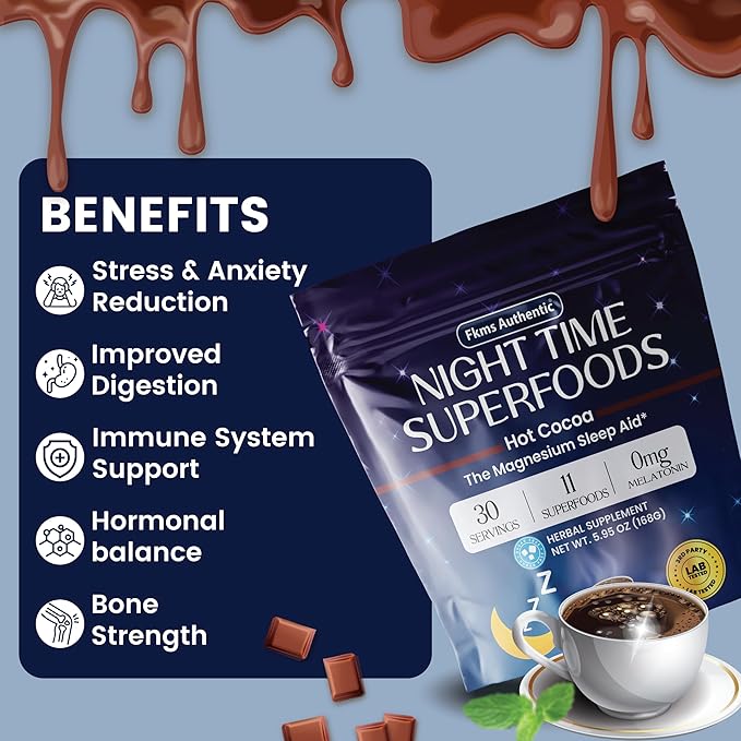 FKMS Authentic Nighttime Magnesium Hot Cocoa Calming Melatonin-Free Sleep Support Natural Sleep Aid Drink Mix for men &amp Woman - Hot Chocolate Powder with L-Theanine Chamomile and Zinc Magnesiu