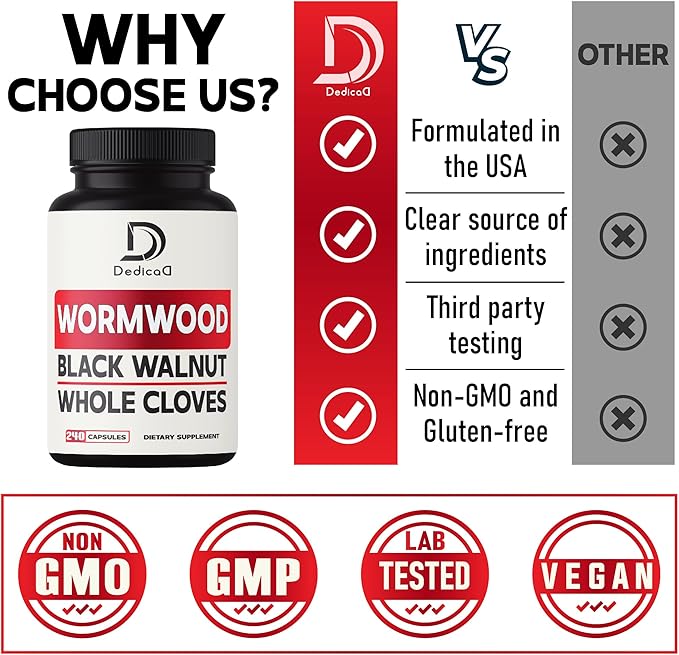 Sweet Wormwood Capsules 1500mg with Black Walnut &amp Cloves - 240 Vegan Capsules - Artemisia Annua Supplement for Immunity