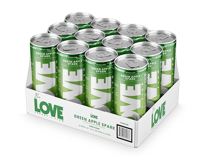Be LOVE Energy + Flow – 80mg Natural Caffeine L-Theanine &amp Alpha-GPC for Clean Calm Focus – Zero Sugar Low Calorie 100% DV B-Vitamins – Non-GMO Vegan – 12 fl oz (Pack of 12) (Green Apple Spark