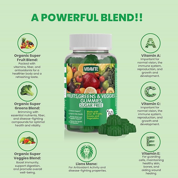 Sugar-free Super Greens Gummies — US-Made 35+ Fruit and Veggie gummies to Boost Immunity Skin &amp Gut Health — Ideal Fruits and Vegetables Supplement for Adults &amp Picky Teens (30-Days Supply)