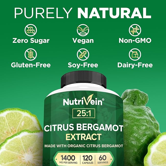 Nutrivein Premium Citrus Bergamot Supplement 1400mg 25:1 Bergamia Extract - 60 Day Supply (120 Capsules): Powerful Italian Citrus Bergamot 1400 mg+ High Concentration - Heart and Circulatory System
